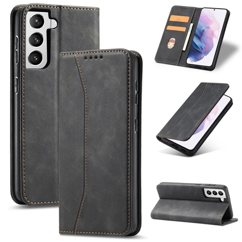 غطاء محفظة من مادة TPU وجلد PU ممتص تلقائيًا لهاتف Samsung Galaxy S21 5G - أسود
