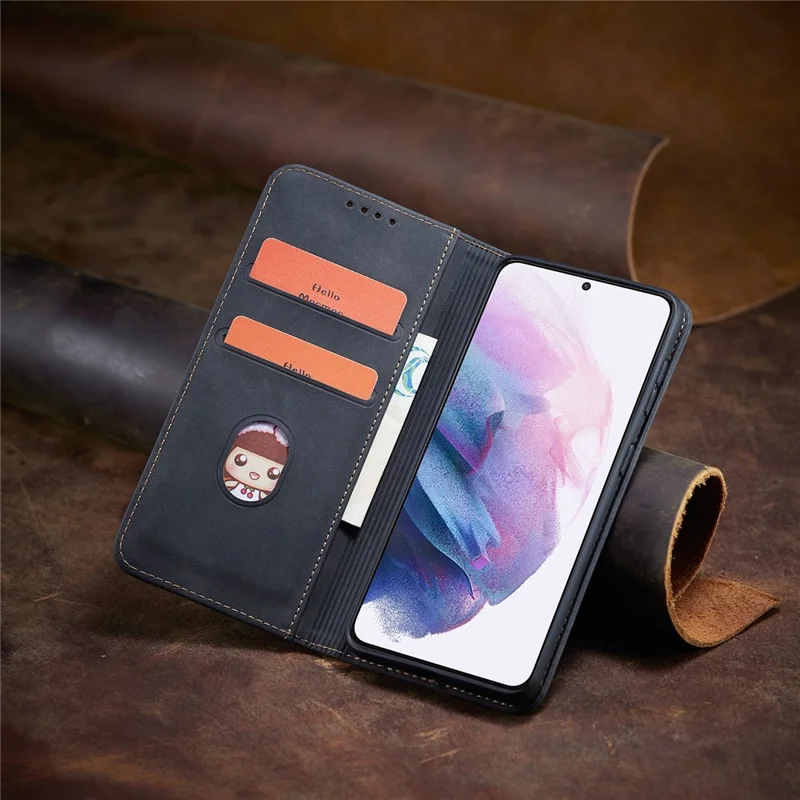 غطاء محفظة من مادة TPU وجلد PU ممتص تلقائيًا لهاتف Samsung Galaxy S21 5G - أسود