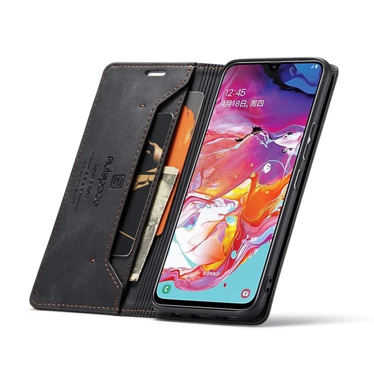 AUTSPACE A01 Series RFID Blocking Retro Matte Leather Case Wallet for Samsung Galaxy A70 - Black