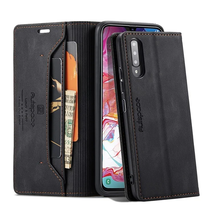 Autspace A01 -serie RFID -blockierung Von Retro Matt Leder Hülle Wallet Für Samsung Galaxy A70 - Schwarz