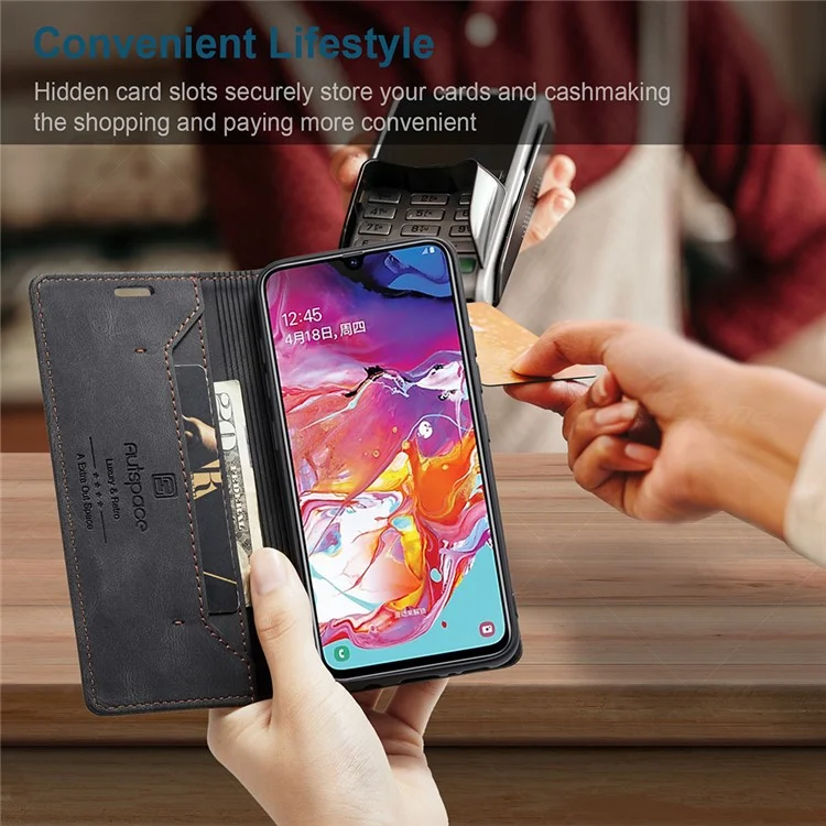 AUTSPACE A01 Series RFID Blocking Retro Matte Leather Case Wallet for Samsung Galaxy A70 - Black