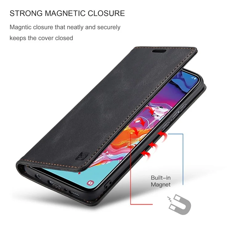 AUTSPACE A01 Series RFID Blocking Retro Matte Leather Case Wallet for Samsung Galaxy A70 - Black