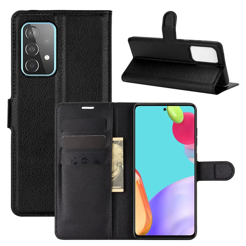 Litchi Texture Leather Wallet Stand Design Phone Cover for Samsung Galaxy A52 4G / 5G / A52s 5G - Black