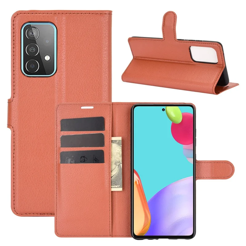 Litchi Texture Leather Wallet Stand Design Phone Cover for Samsung Galaxy A52 4G / 5G / A52s 5G - Brown