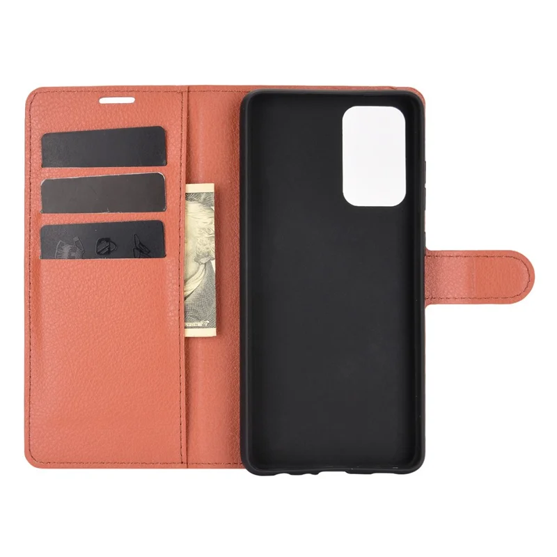 Litchi Texture Leather Wallet Stand Design Phone Cover for Samsung Galaxy A52 4G / 5G / A52s 5G - Brown