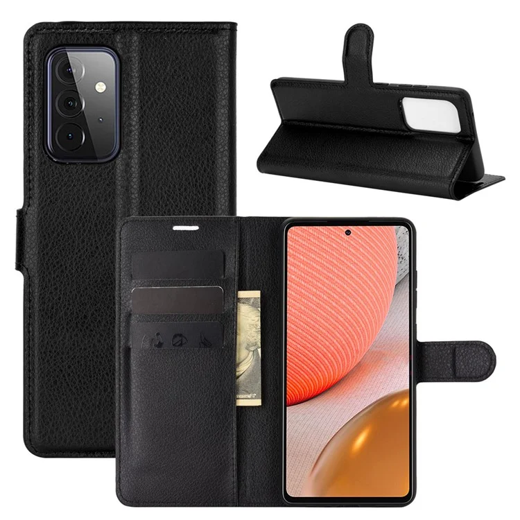 Diseño de Stand de Billetera Litchi Texture Cuero Cover Para Samsung Galaxy A72 4G/5G - Negro