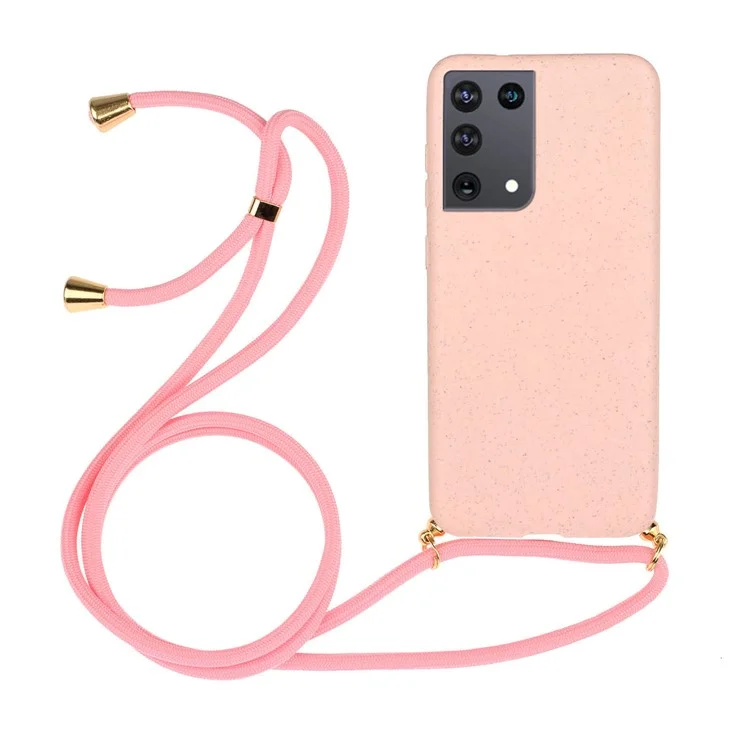 Per Samsung Galaxy S21 Ultra 5G Eco-Friendly Wheat Straw Soft TPU Phone Case con Cordino Regolabile - Rosa