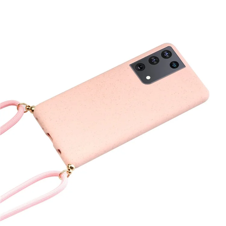 Per Samsung Galaxy S21 Ultra 5G Eco-Friendly Wheat Straw Soft TPU Phone Case con Cordino Regolabile - Rosa