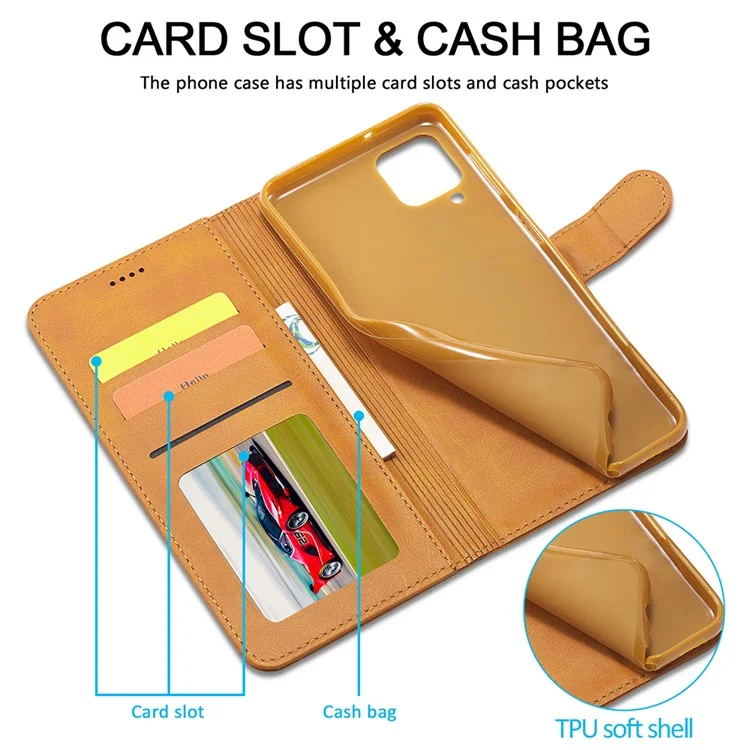 LC.IMEEKE Funda de protección de cuero para Samsung Galaxy A12 con ranuras separadas para tarjetas y función de soporte - Marrón
