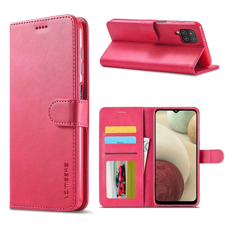 LC.IMEEKE Leather Protector Shell for Samsung Galaxy A12 with Separated Wallet Stand Features Design - Rose