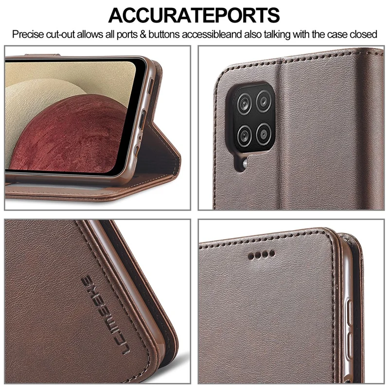 Futera ochronna z skóry LC.IMEEKE z funkcją portfela i podstawki do Samsung Galaxy A12, projekt z oddzielnymi przegródkami - Kolor kawy