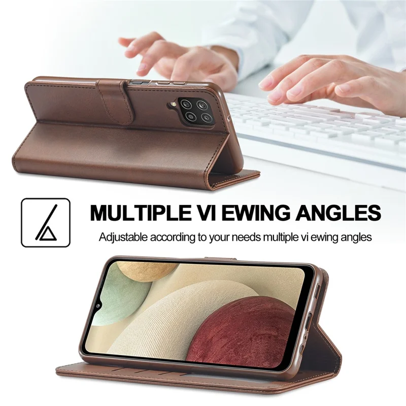 Futera ochronna z skóry LC.IMEEKE z funkcją portfela i podstawki do Samsung Galaxy A12, projekt z oddzielnymi przegródkami - Kolor kawy