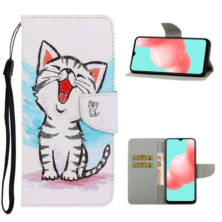 PU Leather Phone Wallet Stand Pattern Printing Protective Case for Samsung Galaxy A12 - Cat