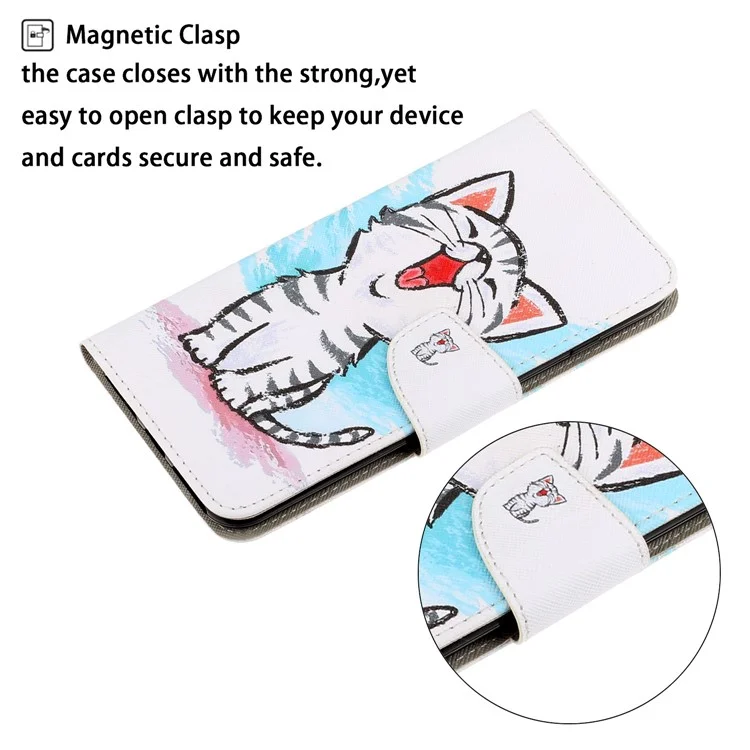 PU Leather Phone Wallet Stand Pattern Printing Protective Case for Samsung Galaxy A12 - Cat