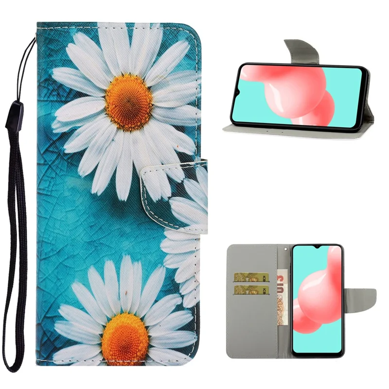 PU Leather Phone Wallet Stand Pattern Printing Protective Case for Samsung Galaxy A12 - Chrysanthemum