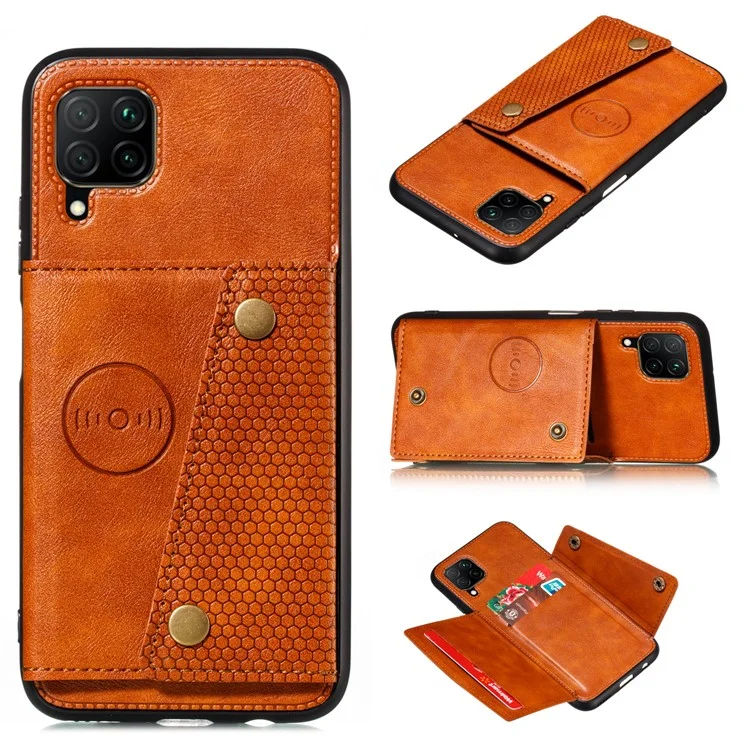 PU Leather Coated TPU Shell Case with Card Pocket [Built-in Vehicle Magnetic Sheet] for Samsung Galaxy A12 - Brown