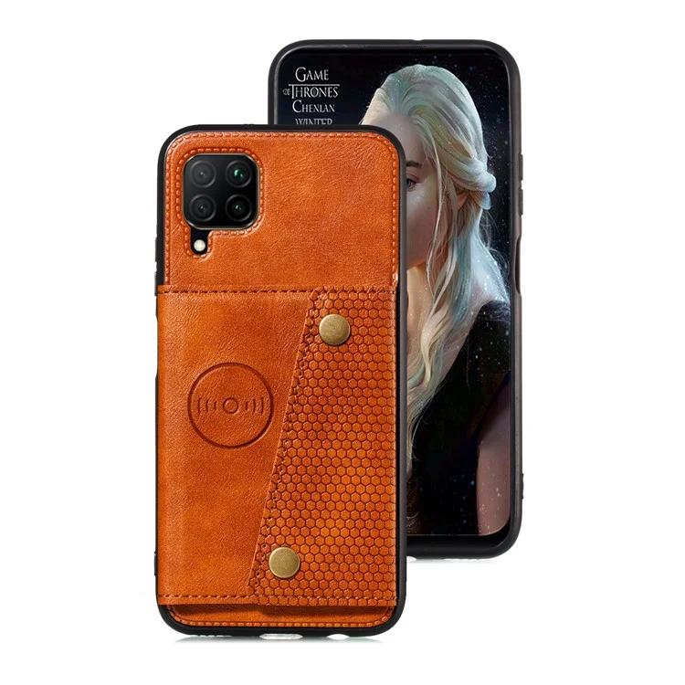 PU Leather Coated TPU Shell Case with Card Pocket [Built-in Vehicle Magnetic Sheet] for Samsung Galaxy A12 - Brown