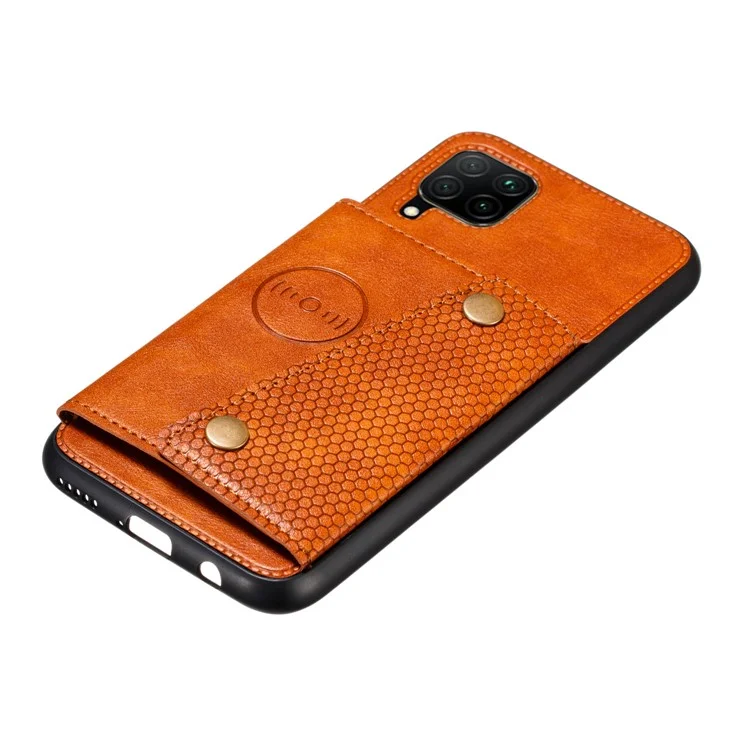 PU Leather Coated TPU Shell Case with Card Pocket [Built-in Vehicle Magnetic Sheet] for Samsung Galaxy A12 - Brown