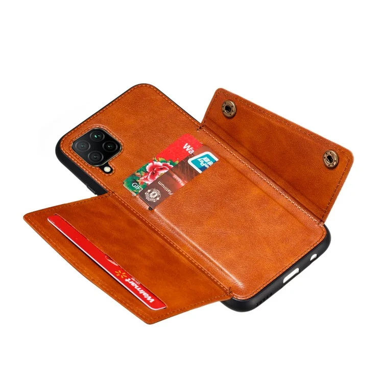 PU Leather Coated TPU Shell Case with Card Pocket [Built-in Vehicle Magnetic Sheet] for Samsung Galaxy A12 - Brown