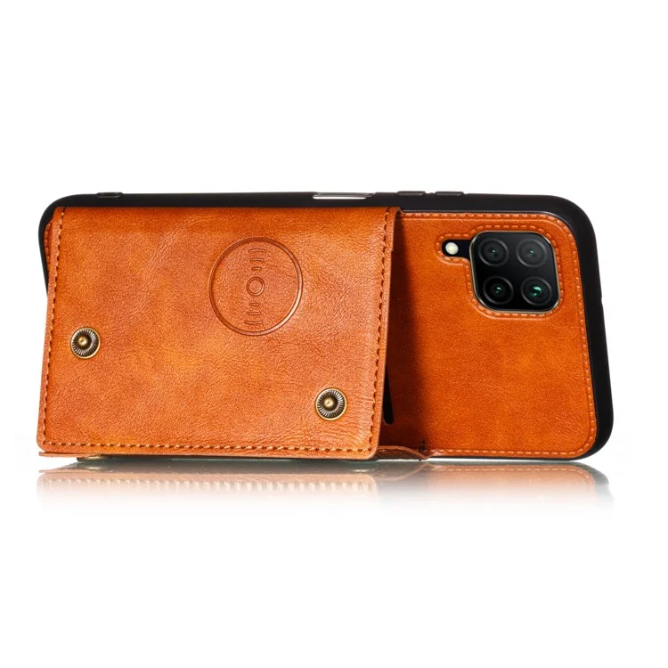 PU Leather Coated TPU Shell Case with Card Pocket [Built-in Vehicle Magnetic Sheet] for Samsung Galaxy A12 - Brown