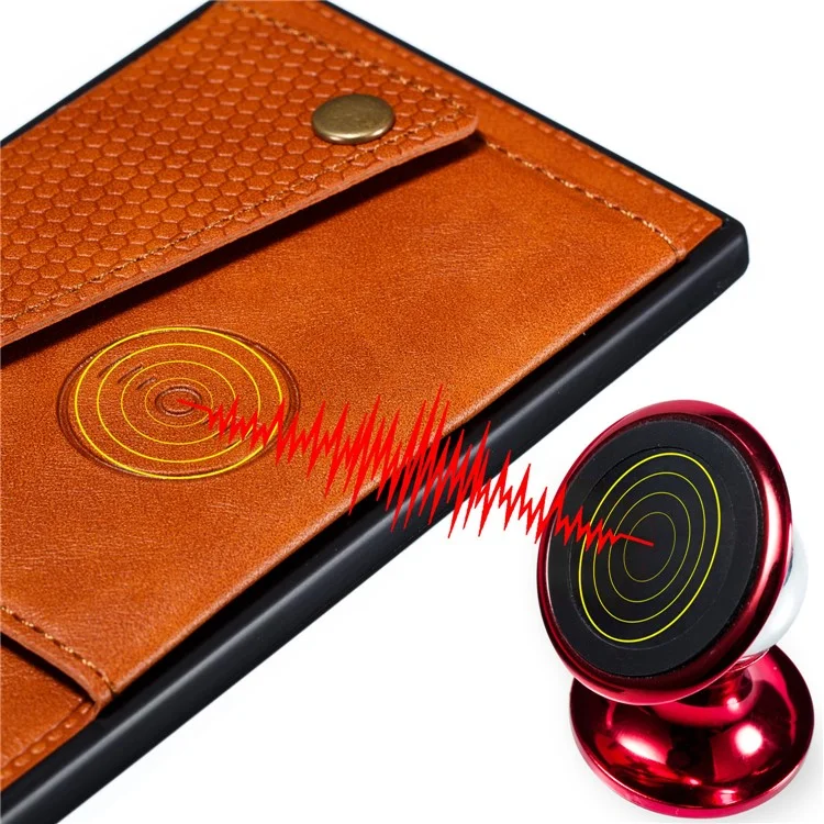 PU Leather Coated TPU Shell Case with Card Pocket [Built-in Vehicle Magnetic Sheet] for Samsung Galaxy A12 - Brown