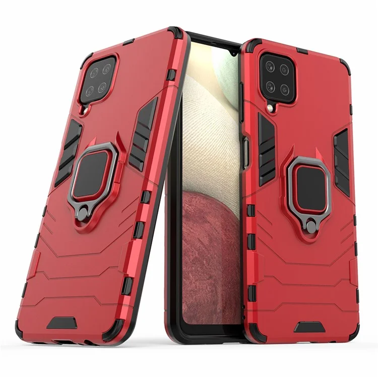 For Samsung Galaxy A12 Cool Guard PC + TPU Hybrid Phone Case Cell Phone Cover with Ring Kickstand - Red