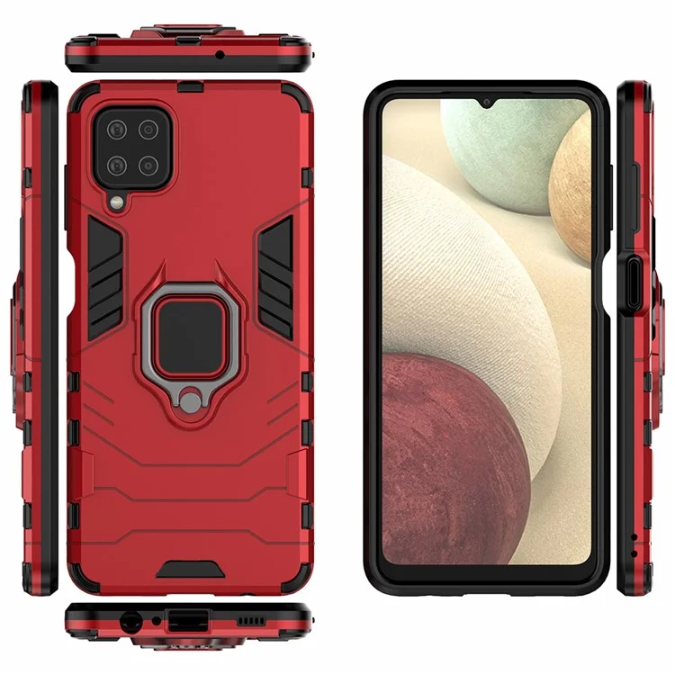 For Samsung Galaxy A12 Cool Guard PC + TPU Hybrid Phone Case Cell Phone Cover with Ring Kickstand - Red