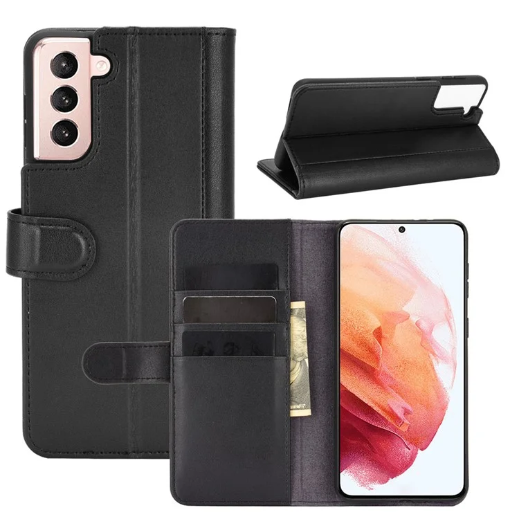 For Samsung Galaxy S21+ Poco X2 Phone Cases Genuine Split Leather Wallet Mobile Cover Standl - Black