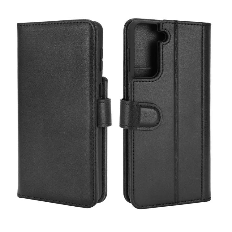 For Samsung Galaxy S21+ Genuine Split Leather Wallet Stand Protective Shell - Black