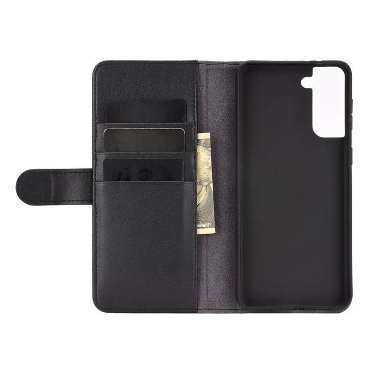 For Samsung Galaxy S21+ Genuine Split Leather Wallet Stand Protective Shell - Black