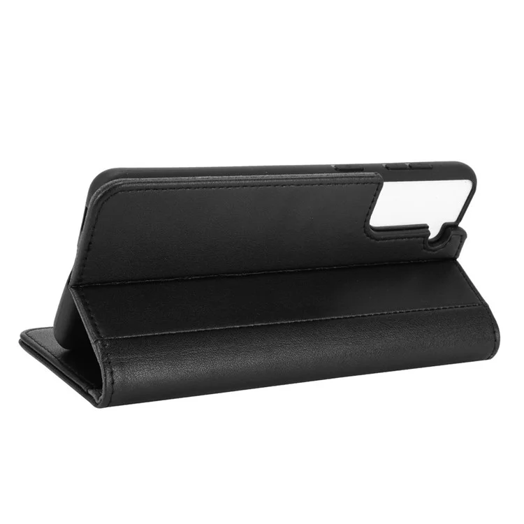 For Samsung Galaxy S21+ Genuine Split Leather Wallet Stand Protective Shell - Black