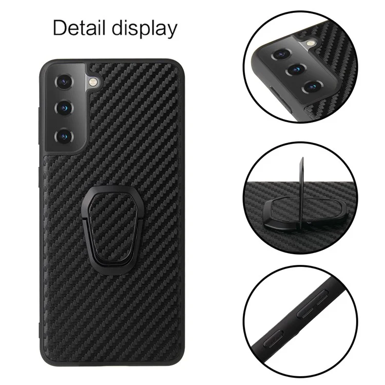 Capa De Telefone Revestida Com Couro Pu + Design De Kickstand De Forma De Anel Para Samsung Galaxy S21 Plus 5G - Textura De Fibra De Carbono