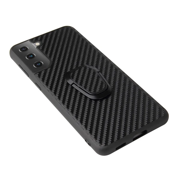 Capa De Telefone Revestida Com Couro Pu + Design De Kickstand De Forma De Anel Para Samsung Galaxy S21 Plus 5G - Textura De Fibra De Carbono