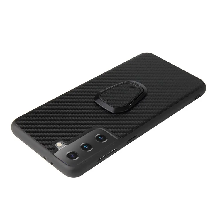 Capa De Telefone Revestida Com Couro Pu + Design De Kickstand De Forma De Anel Para Samsung Galaxy S21 Plus 5G - Textura De Fibra De Carbono