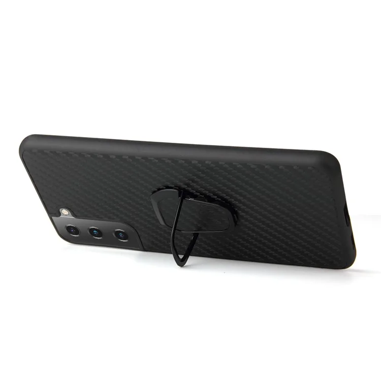 Capa De Telefone Revestida Com Couro Pu + Design De Kickstand De Forma De Anel Para Samsung Galaxy S21 Plus 5G - Textura De Fibra De Carbono