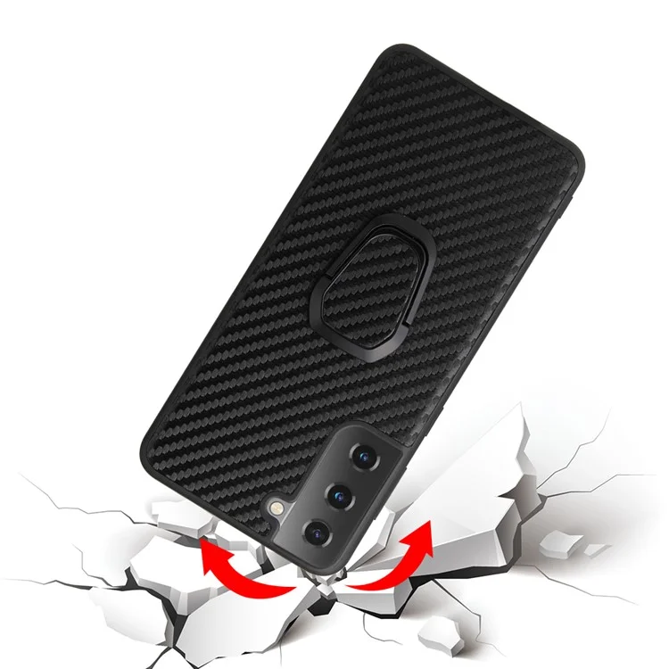 Capa De Telefone Revestida Com Couro Pu + Design De Kickstand De Forma De Anel Para Samsung Galaxy S21 Plus 5G - Textura De Fibra De Carbono