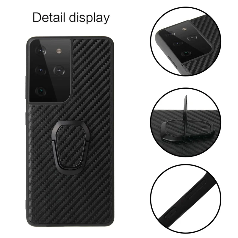 Telefoonhoesje met Ringstandaard en PU Leer voor Samsung Galaxy S21 Ultra 5G - Koolstofvezelstructuur