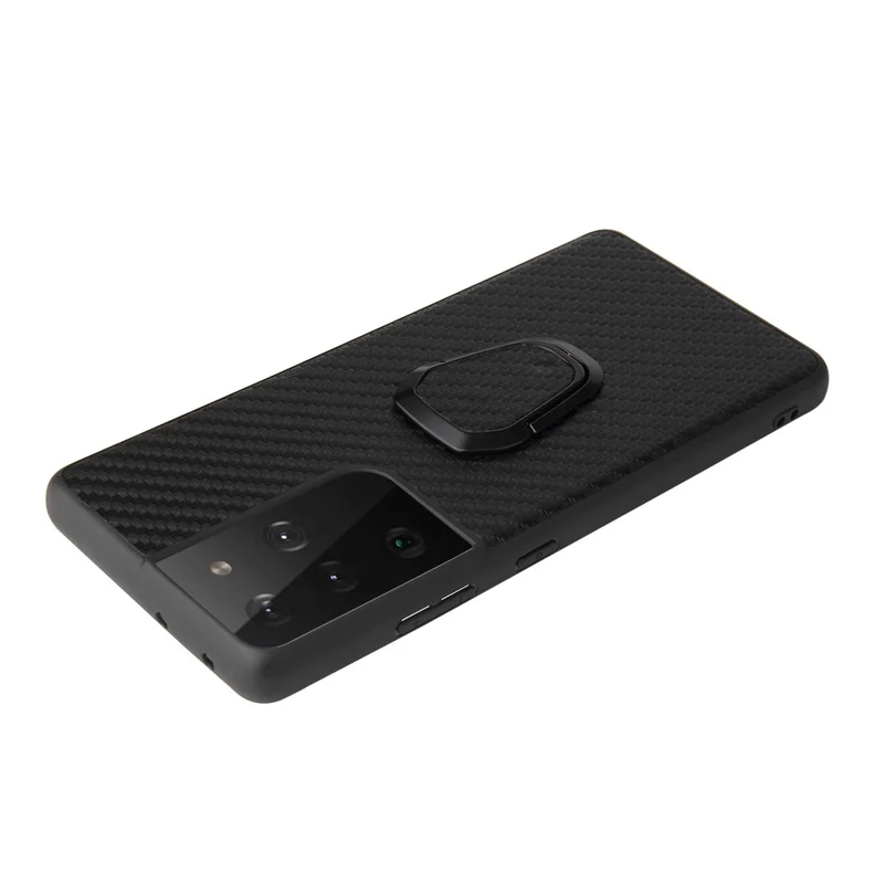 Telefoonhoesje met Ringstandaard en PU Leer voor Samsung Galaxy S21 Ultra 5G - Koolstofvezelstructuur