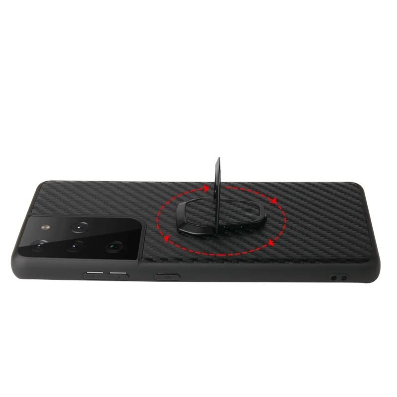 Telefoonhoesje met Ringstandaard en PU Leer voor Samsung Galaxy S21 Ultra 5G - Koolstofvezelstructuur