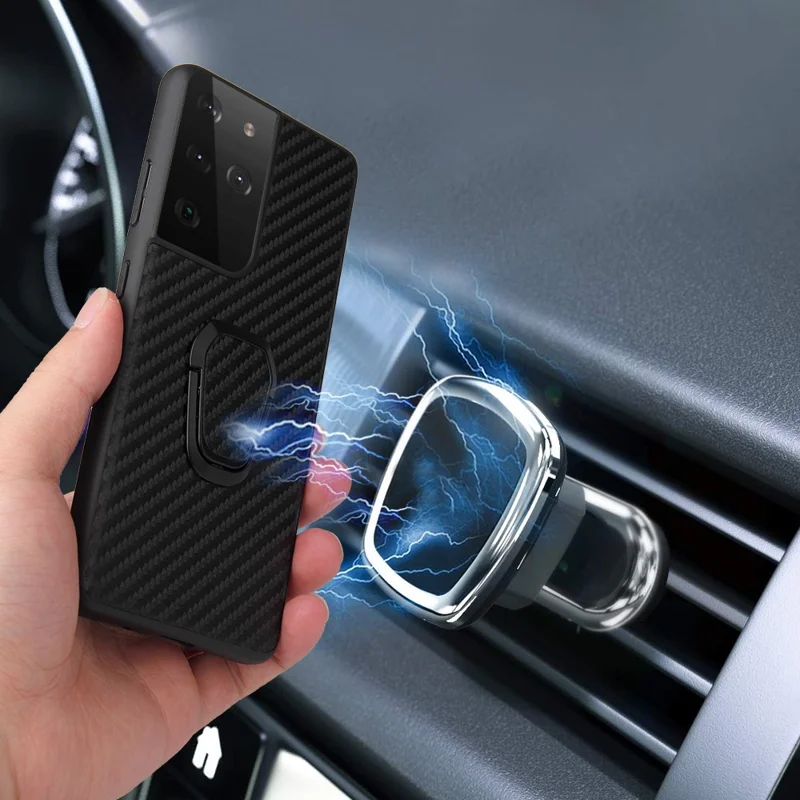 Telefoonhoesje met Ringstandaard en PU Leer voor Samsung Galaxy S21 Ultra 5G - Koolstofvezelstructuur