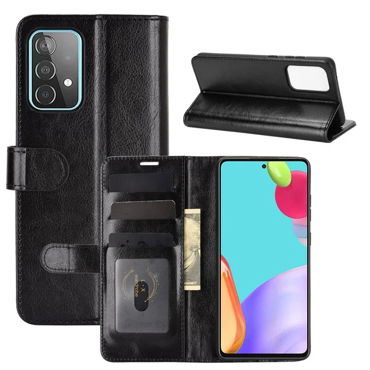 Diseño de Stand de Billetera Case de Textura de Caballo Loco Para Samsung Galaxy A52 4G/5G / Cáscara de Cuero A52s 5G - Negro