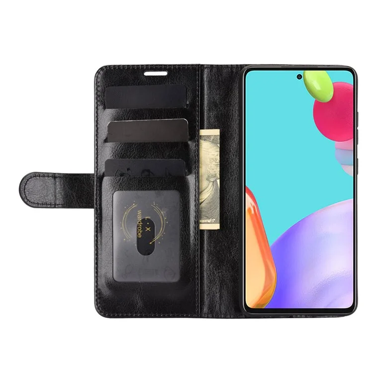 Diseño de Stand de Billetera Case de Textura de Caballo Loco Para Samsung Galaxy A52 4G/5G / Cáscara de Cuero A52s 5G - Negro