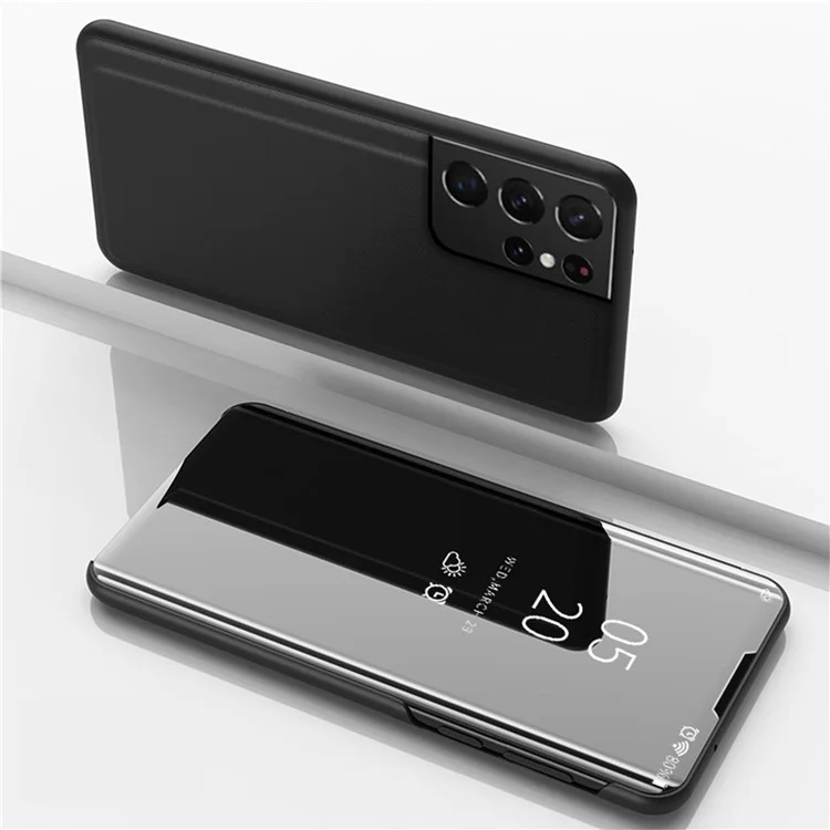 For Samsung Galaxy S21 Ultra 5G View Window Plated Mirror Surface Leather Case - Black