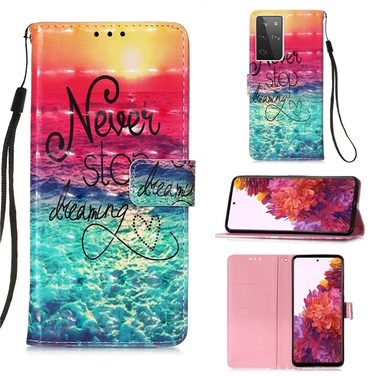 Pattern Printing Leather Wallet Stand Design Phone Case with Lanyard for Samsung Galaxy S21 Ultra 5G - Sea Of Clouds / Colorful