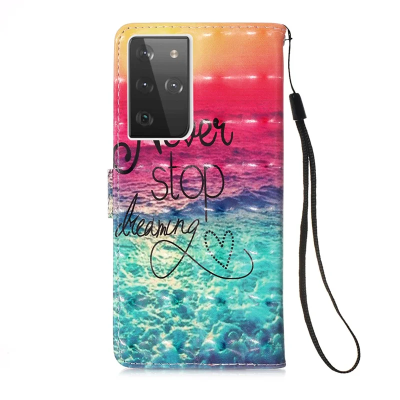 Pattern Printing Leather Wallet Stand Design Phone Case with Lanyard for Samsung Galaxy S21 Ultra 5G - Sea Of Clouds / Colorful