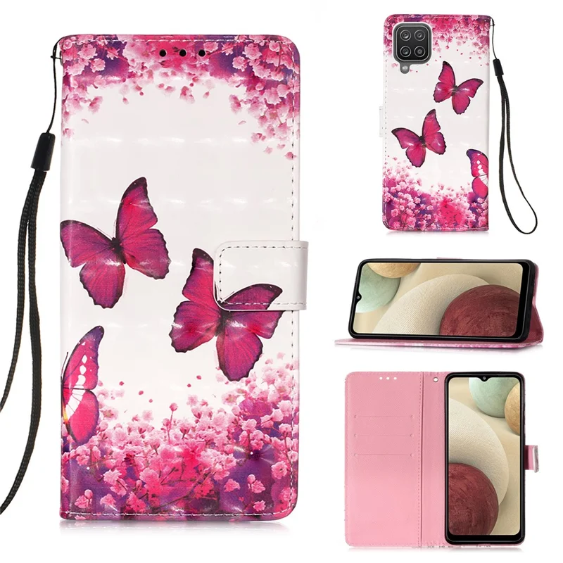 Lanyard Design Pattern Printing Design Leather Phone Case with Wallet and Stand for Samsung Galaxy A12 / M12 - Rose Butterfly