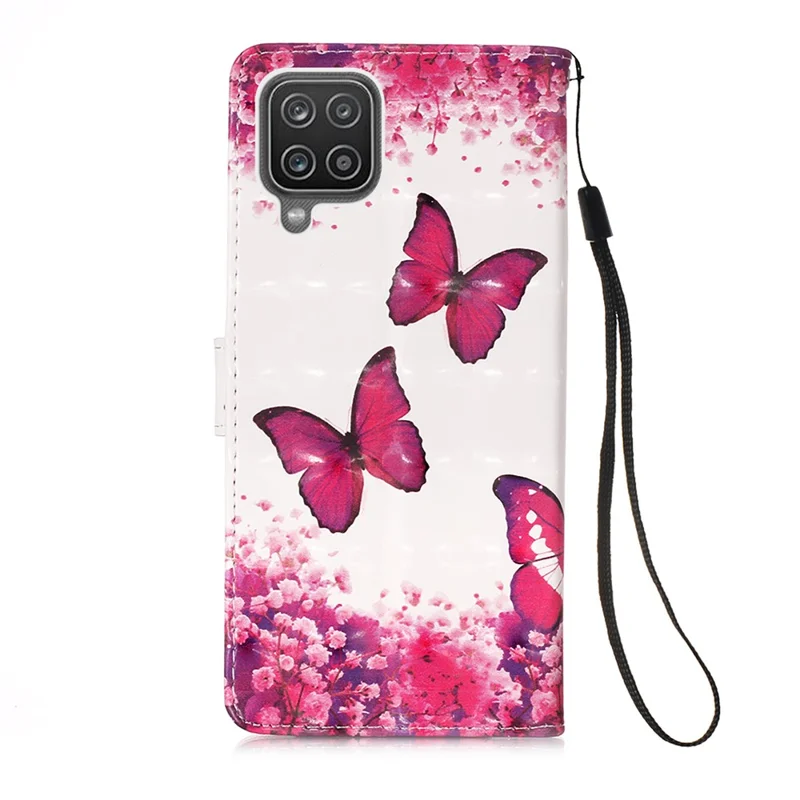 Lanyard Design Pattern Printing Design Leather Phone Case with Wallet and Stand for Samsung Galaxy A12 / M12 - Rose Butterfly