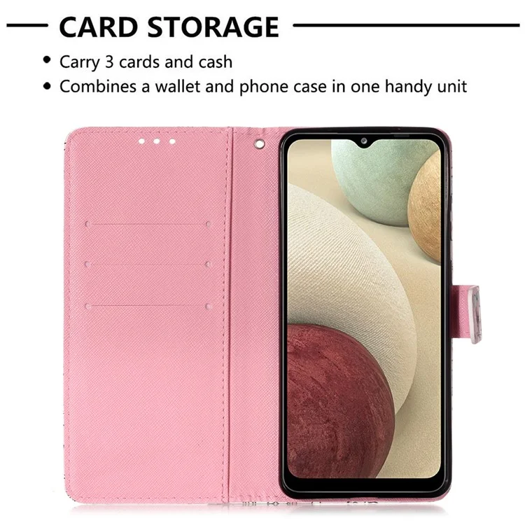 Lanyard Design Pattern Printing Design Leather Phone Case with Wallet and Stand for Samsung Galaxy A12 / M12 - Sea Of Clouds / Colorful