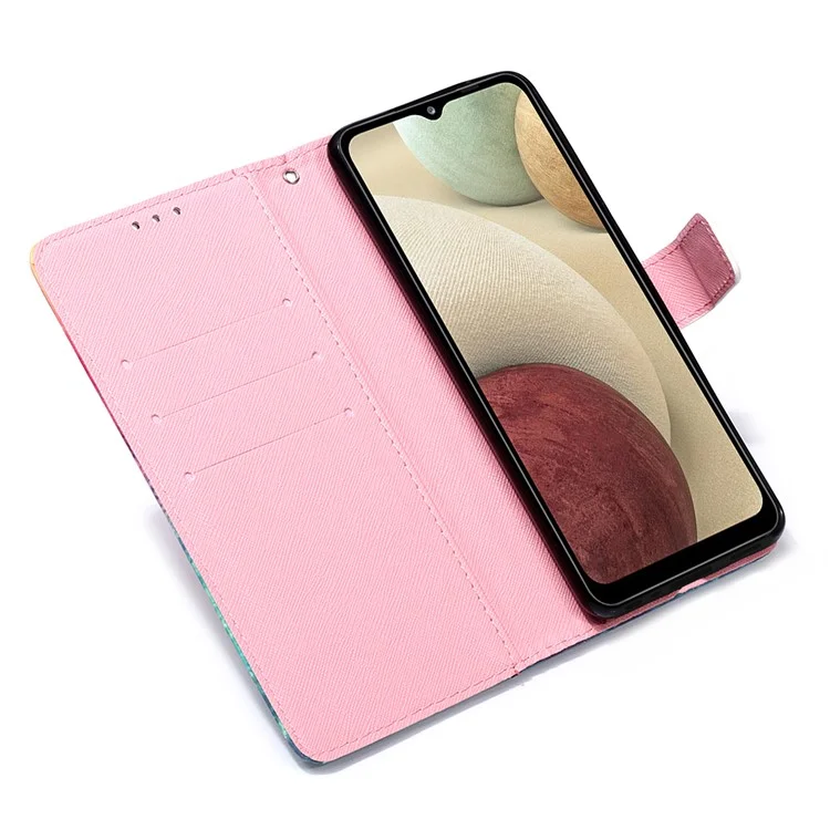 Lanyard Design Pattern Printing Design Leather Phone Case with Wallet and Stand for Samsung Galaxy A12 / M12 - Sea Of Clouds / Colorful