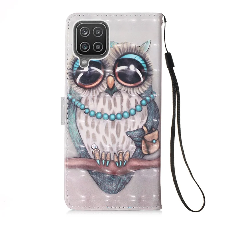 Lanyard Design Pattern Printing Design Leather Phone Case with Wallet and Stand for Samsung Galaxy A12 / M12 - Owl